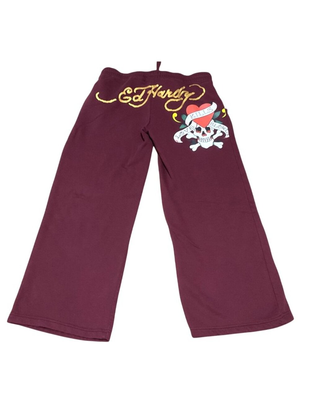 Ed Hardy Sweatpants Sz XL Wide Leg Burgundy "Love Kills Slowly" Fleece Womens